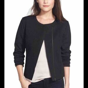 HALOGEN Women’s Black Knit Lined Asymmetric Zip Long Sleeve Moto Jacket Blazer L